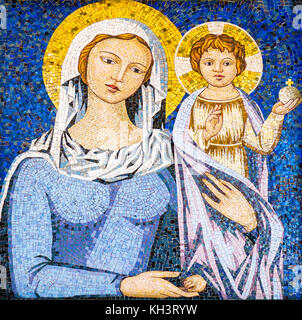 Religious mosaic of Virgin Mary holding Jesus Christ Stock Photo