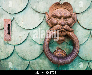 Iron goblin face doorknocker on green wooden door Stock Photo