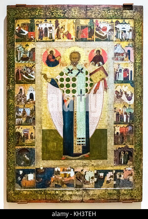 Veliky Novgorod, Russia - August 17, 2017: Antique Russian orthodox icon. St. Nicholas with the Scenes from his life, 16th century Stock Photo