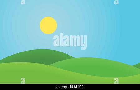 Flat design grass landscape with hills and glowing sun under blue sky - vector Stock Vector