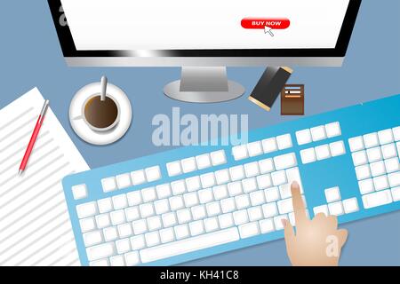Top view of the office desk with office equipment. Finger is touching enter button on the keyboard. The cursor on the monitor is the on the red Buy No Stock Vector