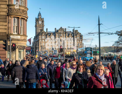 Busy pedestrian crossing on Princes Street in central Edinburgh, Scotland, United Kingdom,. Stock Photo