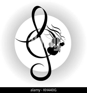 Music background, treble clef with notes design, black and white Stock Vector