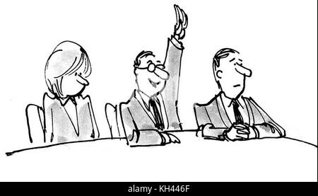 Business cartoon showing that only one person in the meeting is actively involved. Stock Photo