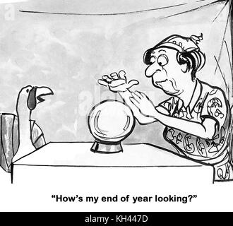 Christmas or Thanksgiving cartoon about a turkey asking a fortune teller how his year-end is looking. Stock Photo