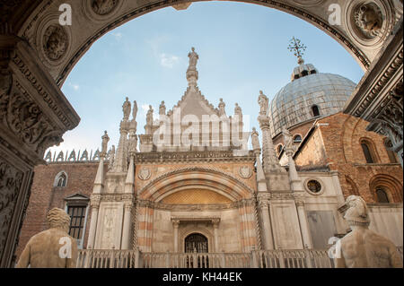 Exterior details on St Mark's Basilica viewed from Doge’s Palace in San Marco, Venice, Italy. The oldest parts of the palace were established 1340. Stock Photo