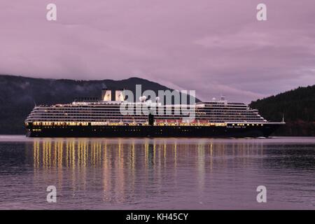 Cruise Ship passing through Ripple Rock near Campbell River at night past Canada's Vancouver Island. Stock Photo