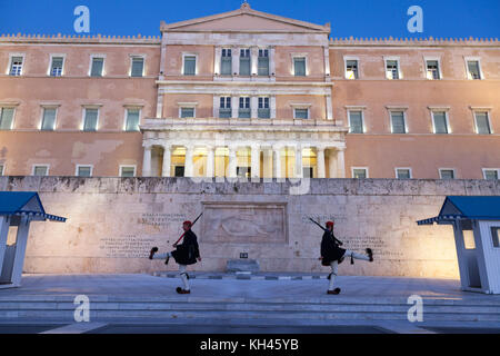 ATHENS, GREECE - NOVEMBER 2, 2017: Greek presidential guard, Evzones, parading in front of the Greek parliament on Syntagma square. The Evzoni are one Stock Photo