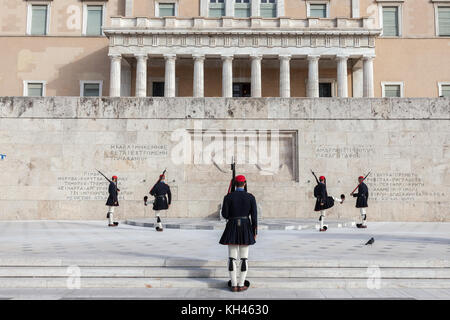 ATHENS, GREECE - NOVEMBER 3, 2017: Greek presidential guard, Evzones, parading in front of the Greek parliament on Syntagma square. The Evzoni are one Stock Photo