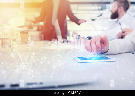 Businesswoman works on a mobile phone. Concept of internet sharing and interconnection Stock Photo