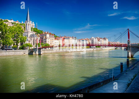 View of the St George's Footbridge Over the Saone River with Old Lyon,Auvergne-Rhône-Alpes, France Stock Photo