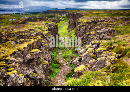 High Angle View of  a Fault Line, Thingvellir National Park, Iceland Stock Photo