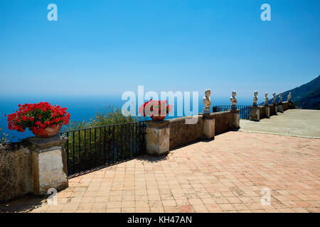 Terrace of Infinity with Potted Flowers and Statues, Villa Cimbrone, Ravello, Campania, Italy. Stock Photo