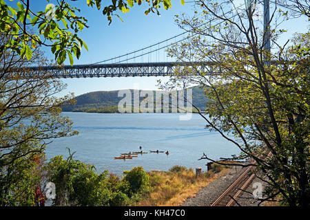 Group of Kayakers are Resting Under The Bear Mountain, Bridge, Ft Montgomery, New York Stock Photo