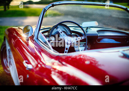 Instrument Panel and Steering Wheel Close Up of a 1960 Chevrolet Corvette Convertible Stock Photo