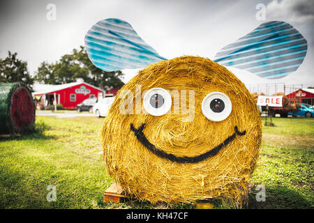 Hay Bale Decorationsa Bumble Bee Resemblance on a Farmstand, New Jersey Stock Photo
