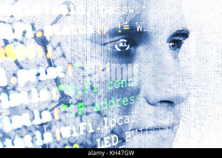 Machine learning systems technology , accurate facial recognition biometric technology and artificial intelligence concept. Double exposure of Human f Stock Photo