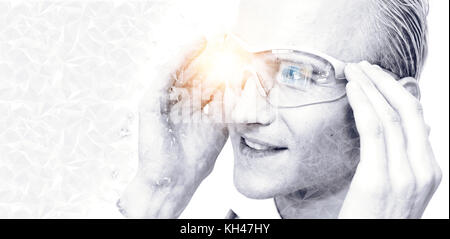 Digital transformation disruption every industry technology concept. Customer experience using smart glasses augmented reality with flare light effect Stock Photo