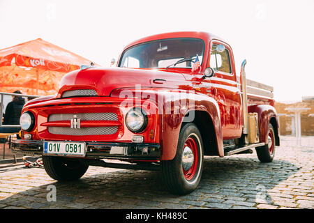 Prague, Czech Republic - September 23, 2017: Front View Of Red International Harvester R-series Truck Parked In Street. Stock Photo