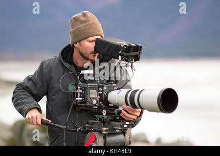 Nick operating the high speed Phantom Flex 4K video camera with the Canon 200-400mm f4.0 zoom lens on a shoot in Alaska, USA. Shooting at 960 fps. at 