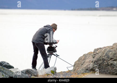 Nick operating the high speed Phantom Flex 4K video camera with the Canon 200-400mm f4.0 zoom lens on a shoot in Alaska, USA. Shooting at 960 fps. at 