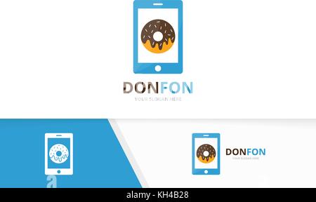 Vector donut and phone logo combination. Doughnut and mobile symbol or icon. Unique bakery and device logotype design template. Stock Vector