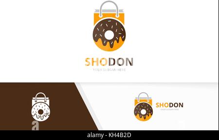 Vector donut and shop logo combination. Doughnut and sale symbol or icon. Unique bakery and bag logotype design template. Stock Vector