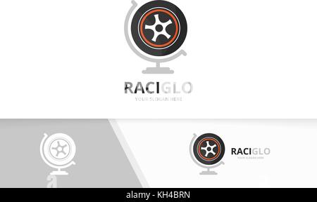 Vector wheel and globe logo combination. Tire planet symbol or icon. Unique tyre logotype design template. Stock Vector