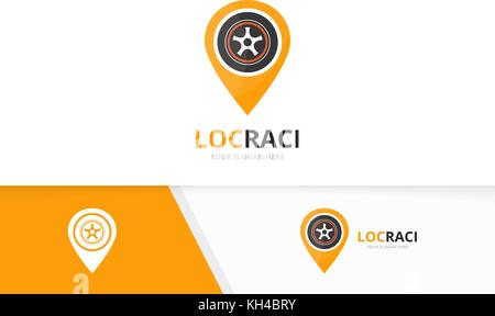 Vector wheel and map pointer logo combination. Tire and gps locator symbol or icon. Unique tyre and pin logotype design template. Stock Vector