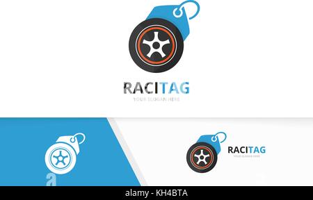 Vector wheel and tag logo combination. Tire and shop symbol or icon. Unique tyre and label logotype design template. Stock Vector