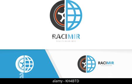 Vector wheel and planet logo combination. Tire and world symbol or icon. Unique tyre and globe logotype design template. Stock Vector