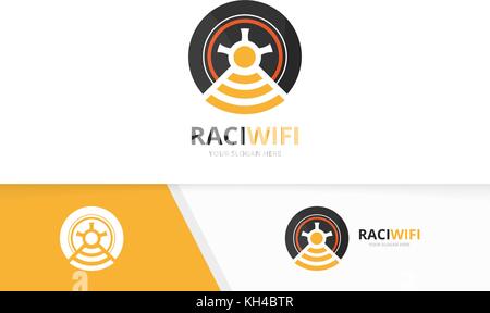 Vector wheel and wifi logo combination. Tire and signal symbol or icon. Unique tyre and radio, internet logotype design template. Stock Vector