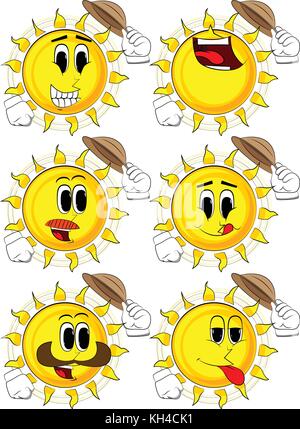 Cartoon sun tipping his hat. Collection with happy faces. Expressions vector set. Stock Vector