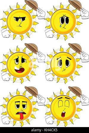 Cartoon sun tipping his hat. Collection with sad faces. Expressions vector set. Stock Vector