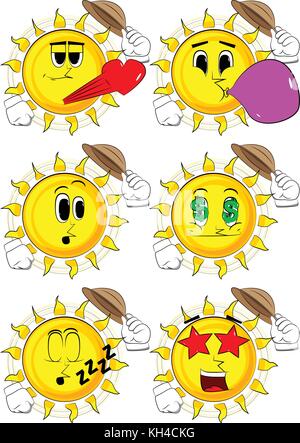 Cartoon sun tipping his hat. Collection with various facial expressions. Vector set. Stock Vector