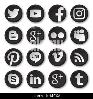 Phitsanulok, Thailand - November 12, 2017 : Vector set of popular social media icon sink botton . Bleck and white design . Stock Vector