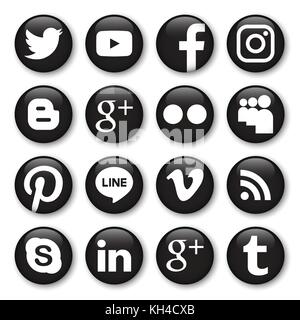 Phitsanulok, Thailand - November 12, 2017 : Vector set of popular social media icon glow botton . Bleck and white design . Stock Vector
