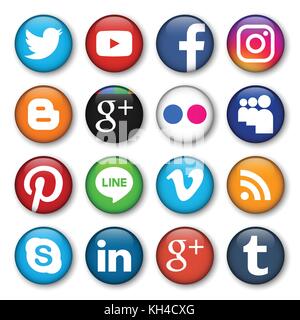 Phitsanulok, Thailand - November 12, 2017 : Vector set of popular social media icon glow botton . Stock Vector