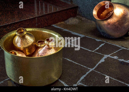 brass and copper utensils for temple pooja, kolhapur, Maharashtra, India, Asia Stock Photo