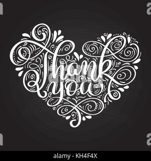 Thank You handwritten inscription. Hand drawn lettering, unique calligraphic inscription on a chalkboard in the shape of a heart Stock Vector