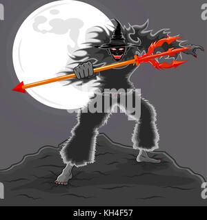 vector of scary devil wizard with red trident in right hand stand on the rock and a full moon behind him. Stock Vector