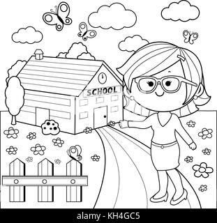 Teacher in front of school building. Black and white coloring book page Stock Vector