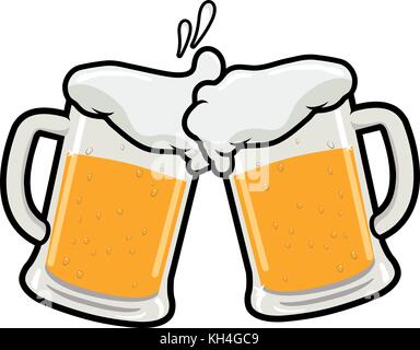 Beer toasting. Clinking glasses full of beer and splashed foam. Beer festival fun at the bar or pub. Vector illustration Stock Vector