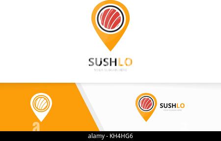 Vector sushi and map pointer logo combination. Japanese food and gps locator symbol or icon. Unique seafood and pin logotype design template. Stock Vector