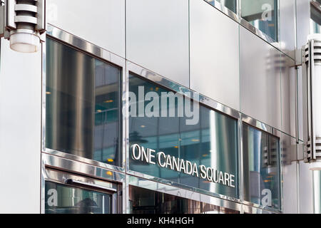 London, UK - November 24, 2017 - Sign of One Canada Square, a skyscraper in Canary Wharf Stock Photo