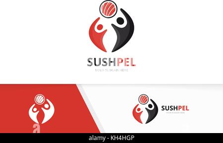 Vector sushi and people logo combination. Japanese food and family symbol or icon. Unique seafood and union, help, connect, team logotype design template. Stock Vector