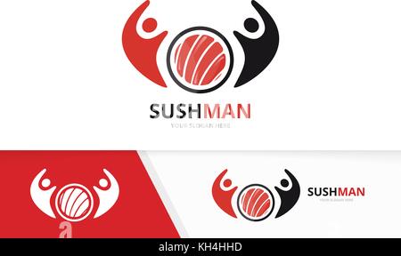 Vector sushi and people logo combination. Japanese food and family symbol or icon. Unique seafood and union, help, connect, team logotype design template. Stock Vector