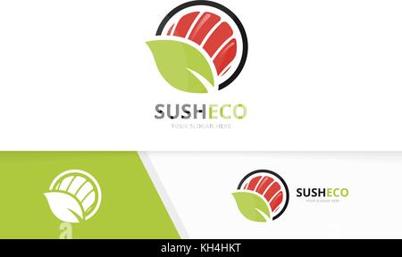 Vector sushi and leaf logo combination. Japanese food and eco symbol or icon. Unique seafood and organic logotype design template. Stock Vector
