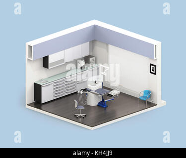 Isometric view of dental clinic interior with dental chair and cabinet system. 3D rendering image. Stock Photo