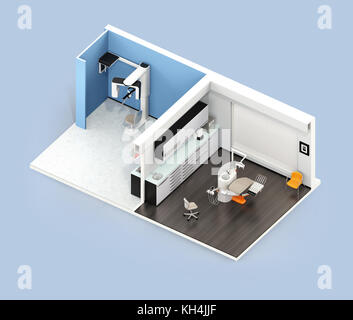 Isometric view of dental clinic interior with Con-Beam CT, CADCAM, dental chair and cabinet system. 3D rendering image. Stock Photo